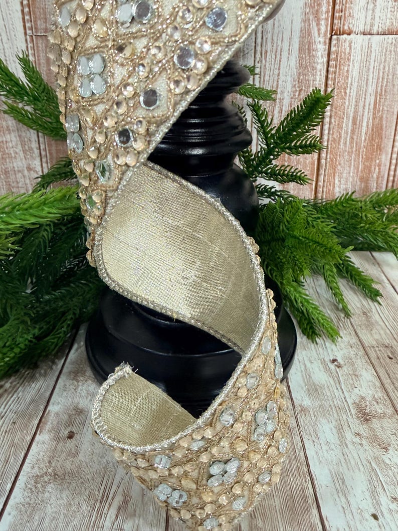 Champagne Gold Beaded Ribbon | Mirrored Accent, Wired Edge - 5 Yards - Etsy