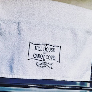 Murder She Wrote, Jessica Fletcher, Cabot Cove, 80&#39;s 90&#39;s TV detective series, embroidered  white hand towel
