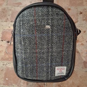 Gorgeous genuine Harris Tweed backpack with bags of room. Alternative to a bum bag. dog walk- holiday- gray or dark blue with red overcheck