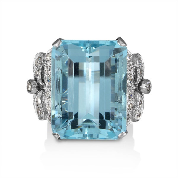 Reserved GIA 17.85ct Antique Vintage Art Deco Natural Aquamarine Diamond Fashion Right Hand Platinum Ring