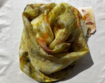 Eco Dyed 100% Pure Silk Scarf - Natural dyes, lightweight and soft, golden yellows, browns and greens. Unique gift.