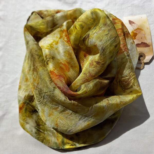 Eco Dyed 100% Pure Silk Scarf - Natural dyes, lightweight and soft, golden yellows, browns and greens. Unique gift.