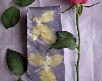 Eco Dyed 100% Silk Men's Neck Tie. Botanical Print with Rose Leaves and Logwood dye. Lilac and yellow. Unique.