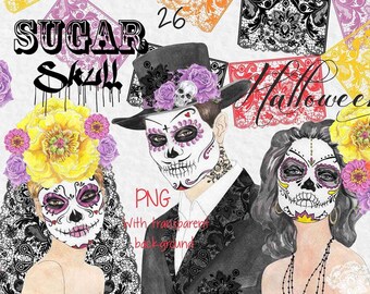 Watercolor clip art Halloween/Clipart Halloween/Watercolor autumn/Sugar skull clip art/Watercolor flowers/Fall clipart/Halloween party/Skull