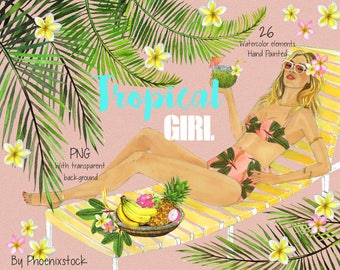 Watercolor clip art tropical Watercolor  clipart tropical girl watercolor clip art summer Fashion Illustration Watercolor fruit
