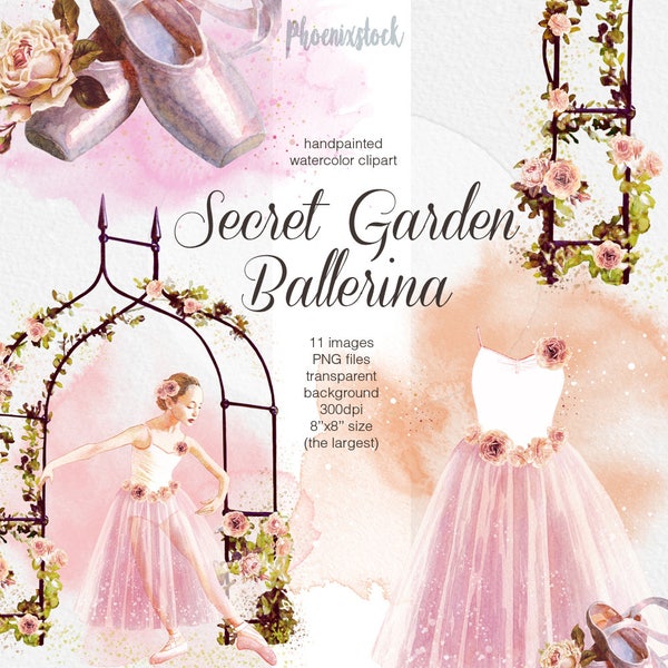 Watercolor Ballet/ Clipart Ballerina Girl Illustration/Tutu Dress/Pointe Shoes/Little Dancer Illustration/Rose Garden Arch/Roses Romantic