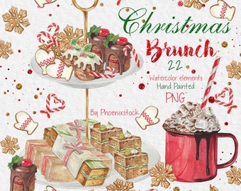 May include: A watercolor illustration of a Christmas brunch scene with a two-tiered serving tray filled with pastries, sandwiches, and a mug of hot chocolate with marshmallows. The illustration is surrounded by snowflakes, candy canes, and mittens.