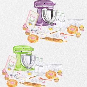 May include: A watercolor illustration of baking supplies, including a purple stand mixer, a green stand mixer, a rolling pin, a cookbook, milk bottles, a whisk, a bowl, and various pastries.