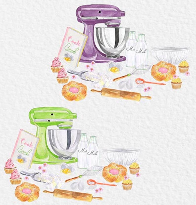 May include: A watercolor illustration of baking supplies, including a purple stand mixer, a green stand mixer, a rolling pin, a cookbook, milk bottles, a whisk, a bowl, and various pastries.