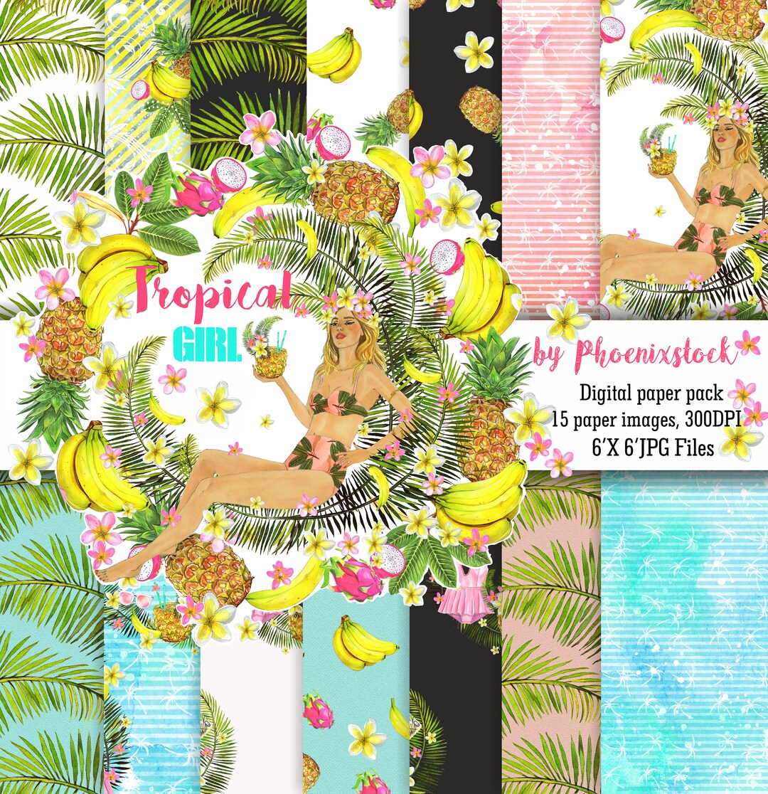 Tropical Paper Pack Summer Paper Pack Scrapbook Watercolor Digital ...