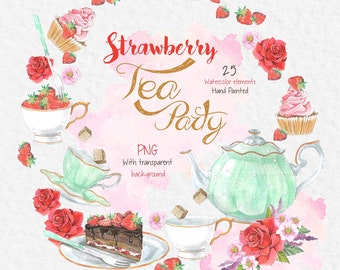May include: Watercolor illustration of a strawberry tea party with a teapot, teacups, cupcakes, cake, strawberries, and roses. The text "Strawberry Tea Party" is written in gold lettering. The text "25 Watercolor elements Hand Painted" is also included. The text "PNG With transparent background" is included. The text "By Phoenixstock" is included.