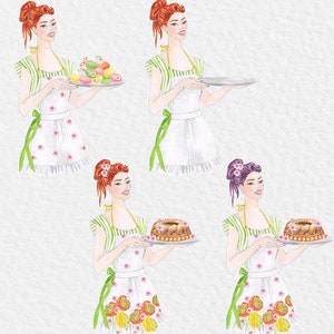 May include: Four watercolor illustrations of women wearing green and white striped shirts and floral print aprons. Each woman is holding a plate with different baked goods. The first woman is holding a plate of colorful Easter eggs, the second woman is holding an empty plate, the third woman is holding a plate with a round cake, and the fourth woman is holding a plate with a round cake.