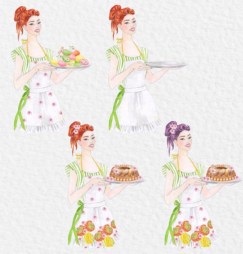 May include: Four watercolor illustrations of women wearing green and white striped shirts and floral print aprons. Each woman is holding a plate with different baked goods. The first woman is holding a plate of colorful Easter eggs, the second woman is holding an empty plate, the third woman is holding a plate with a round cake, and the fourth woman is holding a plate with a round cake.