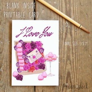 Valentinstagskarte zum Ausdrucken Aquarell Valentinstag Rose Glitzer Happy Valentinstag Karte French Macaron digitale Karte roter Kuss rosa Blume
