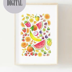 Sztuka ścienna z owocami/Plakat Wall Art Girl/Prezent urodzinowy w kolorze akwareli/Drukowana sztuka ścienna do kuchni/Dekoracja pokoju dziewczęcego/Dekoracja salonu ze zdrowymi przekąskami