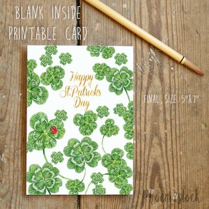 2 carte stampabili per il giorno di San Patrizio/carta digitale primaverile/carta regalo/trifoglio fortunato acquerello/carta primaverile coccinella/disegno floreale/carta buona fortuna