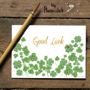 Tarjeta imprimible de buena suerte/Tarjeta digital de primavera/tarjeta de regalo/trébol de la suerte de acuarela/tarjeta de primavera de mariquita/diseño floral/Tarjeta de letras efecto foil