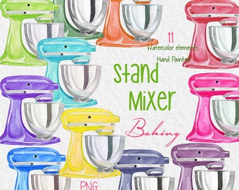 May include: Eleven watercolor illustrations of stand mixers in various colors, including green, orange, blue, purple, yellow, and pink. The mixers are all in the same style, with a silver bowl and a silver handle. The text "Stand Mixer Baking" is written in green and pink lettering. The text "PNG with transparent background" is written in black lettering.