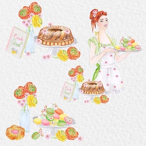 May include: A watercolor illustration of a woman holding a plate of colorful macarons. She is wearing a green and white striped dress and a white apron with pink flowers. There are two cookbooks, a cake, and flowers in the background.