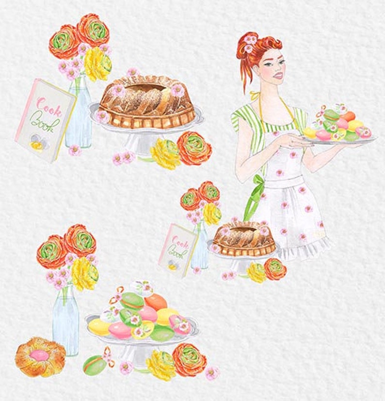 May include: A watercolor illustration of a woman holding a plate of colorful macarons. She is wearing a green and white striped dress and a white apron with pink flowers. There are two cookbooks, a cake, and flowers in the background.
