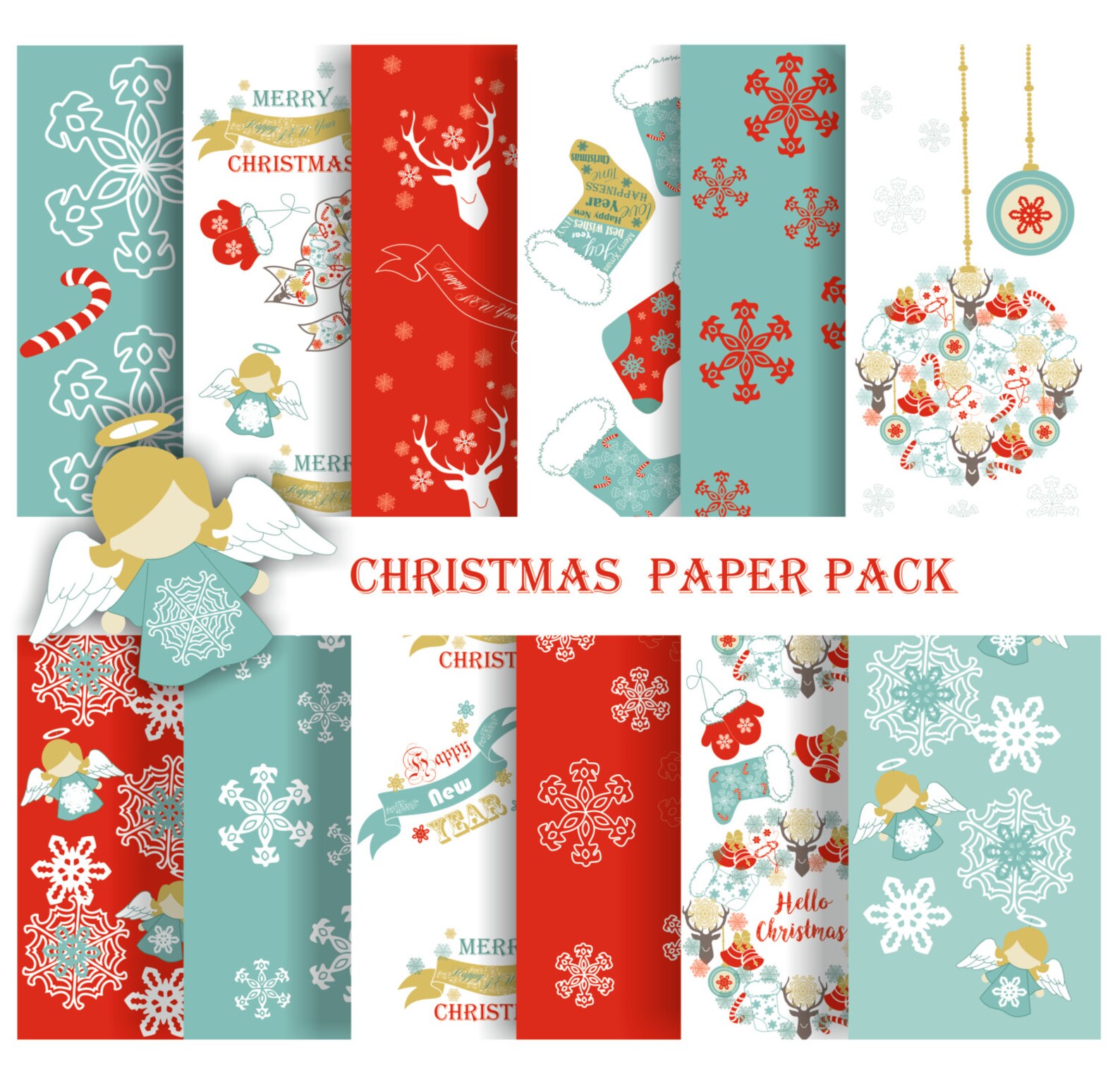 Christmas Paper Pack / Christmas Clip Art/ 12 Digital Scrapbook