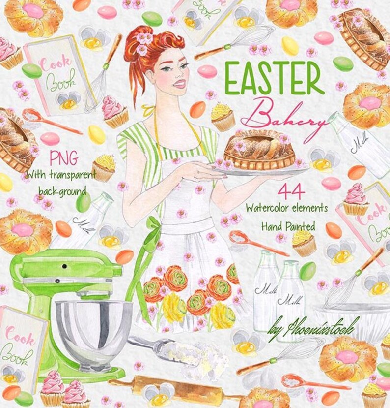 May include: A watercolor illustration of an Easter bakery scene with a woman holding a tray of baked goods. The scene includes a variety of Easter-themed items, such as eggs, flowers, and a cookbook. The text "EASTER Bakery" is written in green letters. The text "44 Watercolor elements Hand Painted" is written in black letters. The text "by Phoenixstook" is written in black letters.