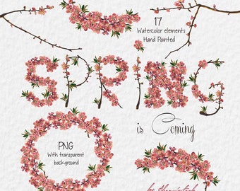 Watercolor clip art spring/Watercolor clip art blossom/watercolor cherry/watercolor cherry blossom/clipart spring/watercolor alphabet