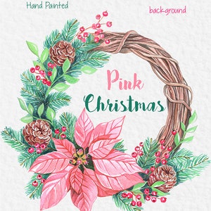 Watercolor Christmas Clipart/ Christmas wreath clip art/ Watercolor Pink Christmas star/Hand painted/Xmas Graphics Watercolor Illustrations