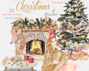 May include: Cozy Christmas watercolor illustration featuring a fireplace with stockings, a decorated Christmas tree, a woman sitting on a pink cushion, and a table with hot chocolate and cupcakes. The illustration is hand-painted and includes the text "Cozy Christmas" and "20 Watercolor elements Hand Painted".
