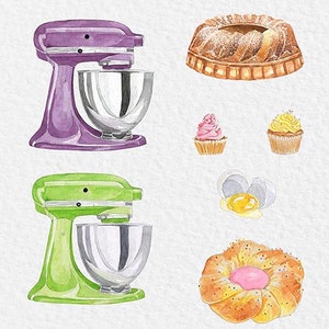 May include: Two stand mixers, one purple and one green, with a bowl attached to each. There are also images of cupcakes, a bundt cake, and a pastry with a pink center.