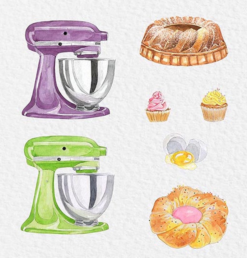 May include: Two stand mixers, one purple and one green, with a bowl attached to each. There are also images of cupcakes, a bundt cake, and a pastry with a pink center.