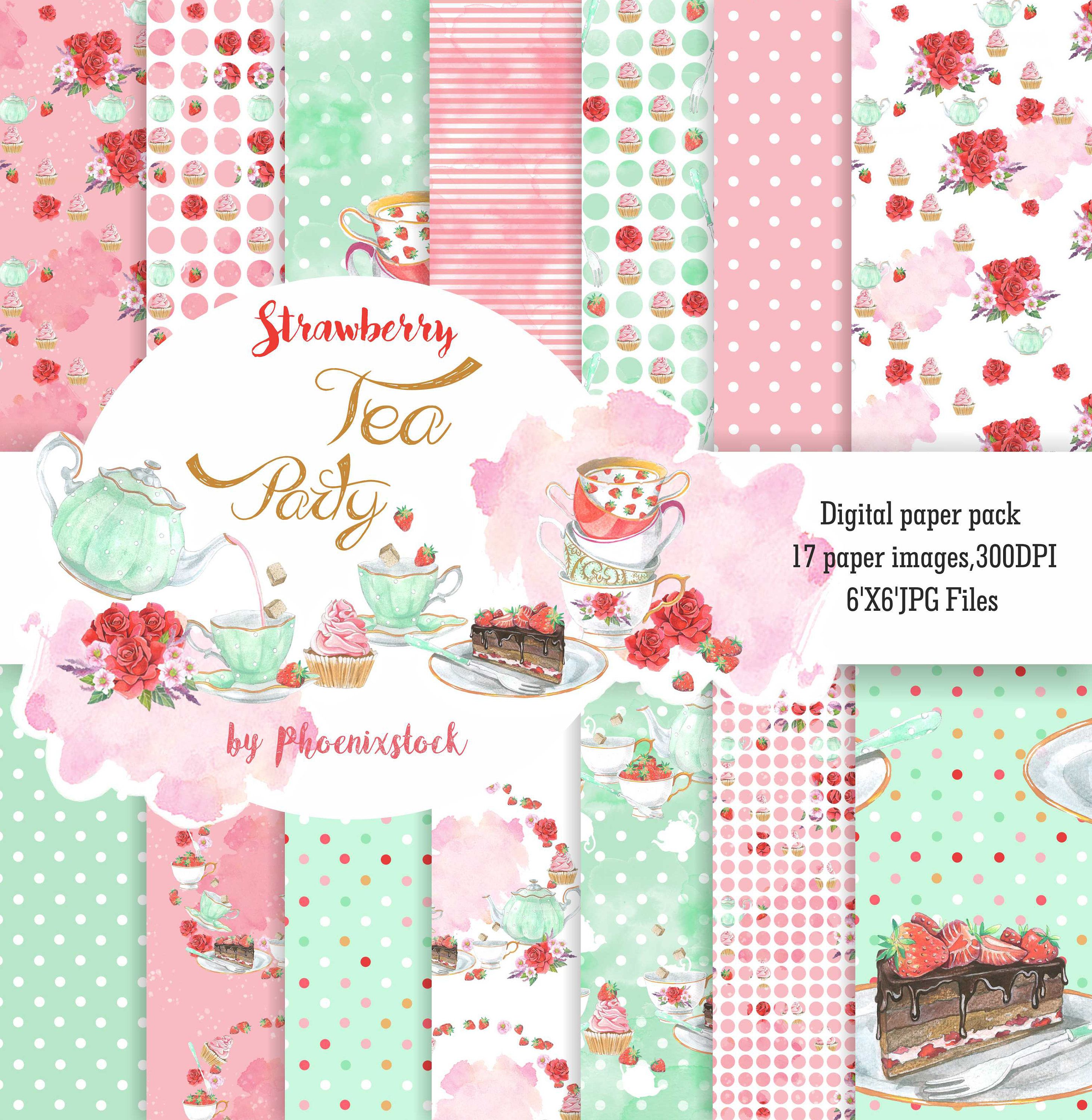 Tea Party paper pack Spring paper pack Scrapbook Watercolor Etsy