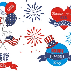 4 juillet drapeaux numérique Clip Art/USA clipart / Vintage style. bleu blanc rouge, templates, carte de la fête de l'indépendance