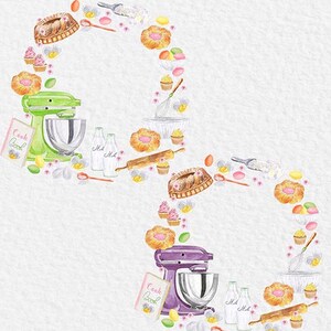 May include: A watercolor illustration of baking supplies, including a green and a purple stand mixer, a rolling pin, a cookbook, milk bottles, and various pastries. The illustration is surrounded by pastel pink flowers and eggs.