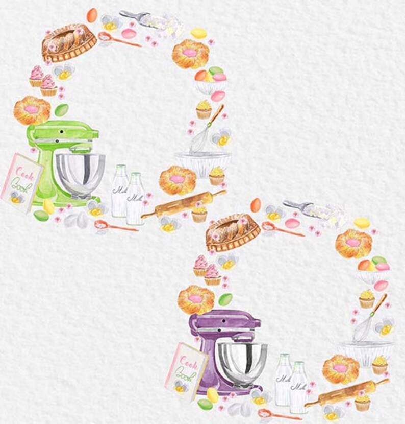 May include: A watercolor illustration of baking supplies, including a green and a purple stand mixer, a rolling pin, a cookbook, milk bottles, and various pastries. The illustration is surrounded by pastel pink flowers and eggs.