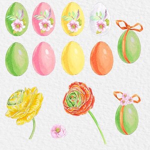 May include: A set of watercolor illustrations featuring Easter eggs in various colors and patterns, including green, yellow, pink, and orange. The eggs are decorated with floral designs and ribbons. There are also two watercolor illustrations of flowers, one yellow and one red.