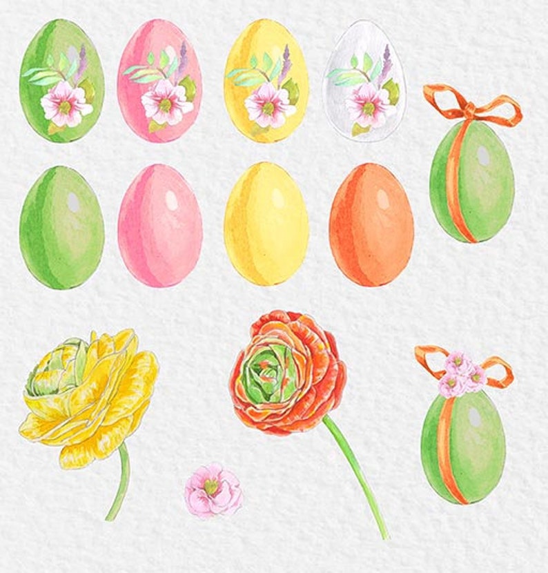 May include: A set of watercolor illustrations featuring Easter eggs in various colors and patterns, including green, yellow, pink, and orange. The eggs are decorated with floral designs and ribbons. There are also two watercolor illustrations of flowers, one yellow and one red.