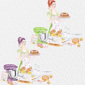 May include: Two women in green and white striped dresses and floral aprons are baking. One woman holds a bundt cake and the other holds a mixing bowl. Both women are surrounded by baking supplies, including a green and a purple stand mixer, a cookbook, milk bottles, eggs, and a rolling pin.