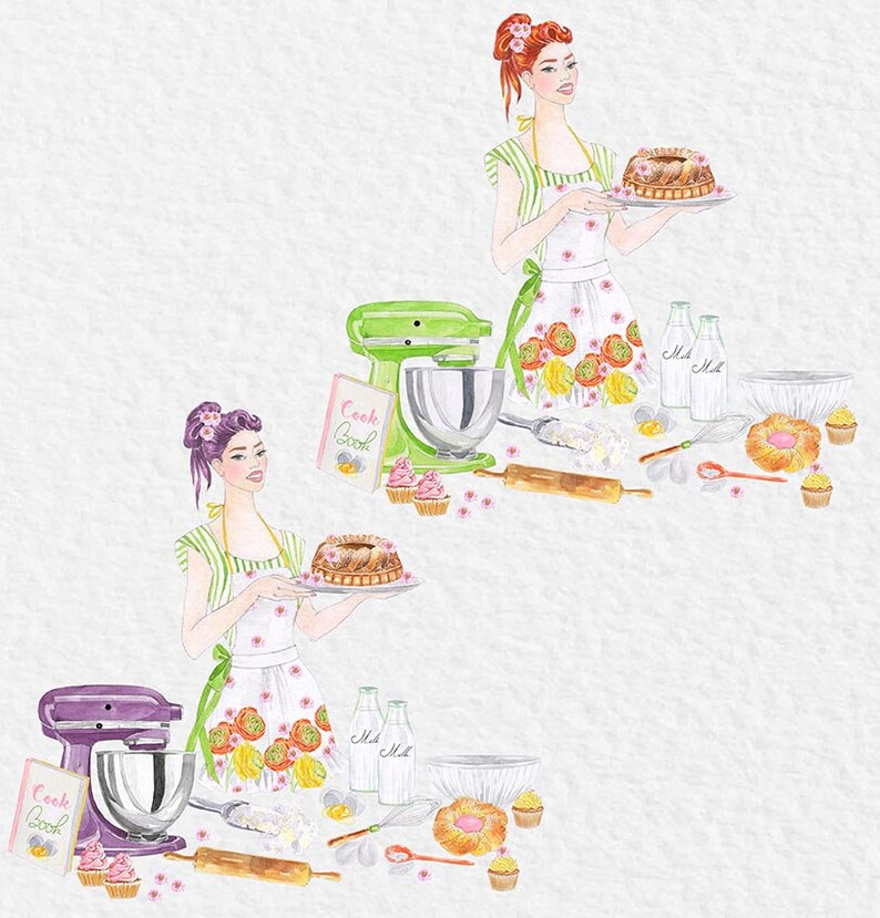 May include: Two women in green and white striped dresses and floral aprons are baking. One woman holds a bundt cake and the other holds a mixing bowl. Both women are surrounded by baking supplies, including a green and a purple stand mixer, a cookbook, milk bottles, eggs, and a rolling pin.