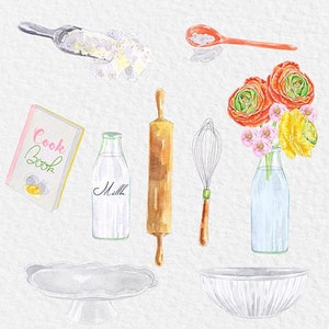 May include: Watercolor illustration of baking supplies, including a cookbook, a rolling pin, a whisk, a milk bottle, a scoop, a spoon, two bowls, and a vase of flowers.