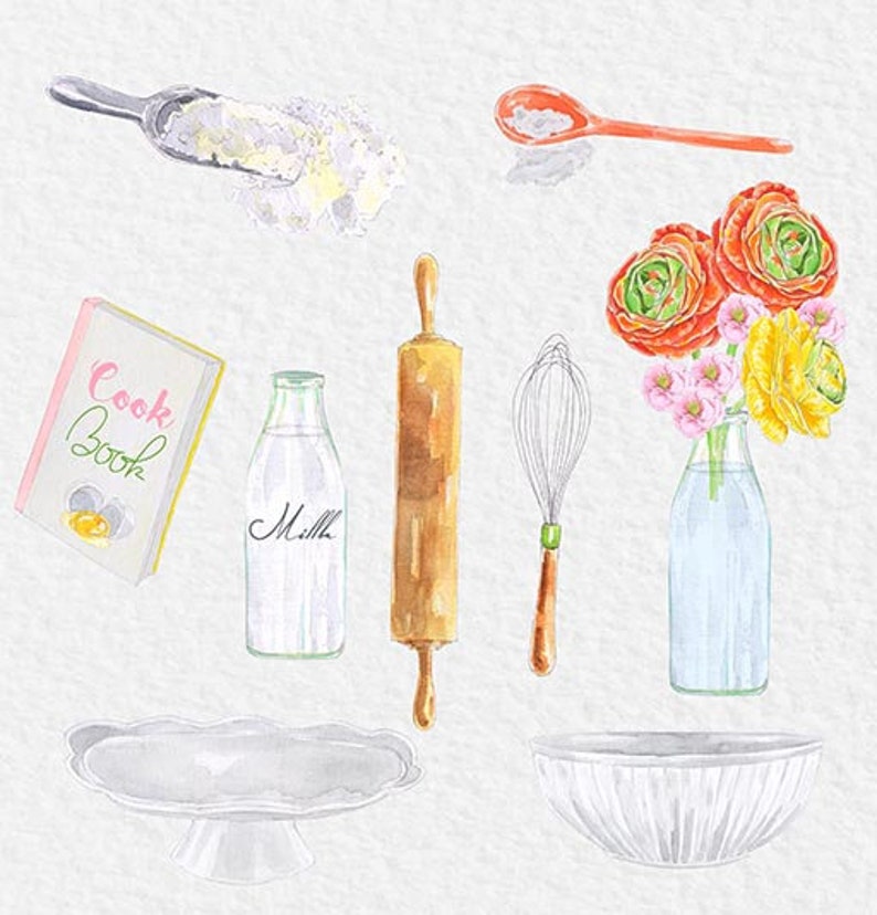 May include: Watercolor illustration of baking supplies, including a cookbook, a rolling pin, a whisk, a milk bottle, a scoop, a spoon, two bowls, and a vase of flowers.