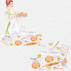 May include: A watercolor illustration of a woman baking. She is holding a tray of cupcakes with pink frosting. There are ingredients and tools scattered around her, including milk bottles, a rolling pin, a whisk, and a cookbook that says "Cook Book".