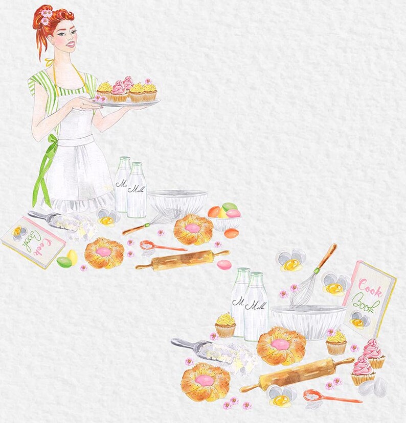 May include: A watercolor illustration of a woman baking. She is holding a tray of cupcakes with pink frosting. There are ingredients and tools scattered around her, including milk bottles, a rolling pin, a whisk, and a cookbook that says "Cook Book".