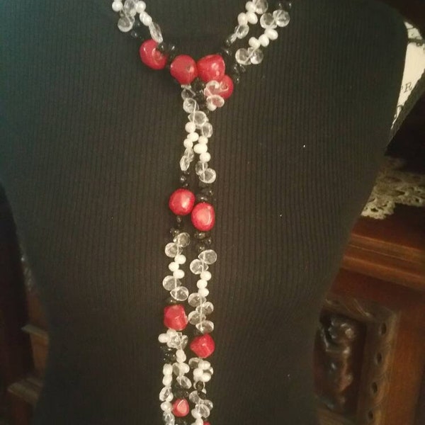 58in Single necklace scarf style tie bolo necklace Authentic Red Coral Freshwater pearls crystal glass beads gorgeous bold Statement piece