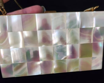 Vintage mid century mother of pearl or abalone minaudiere clutch purse hard case 1950s for cigarettes lipstick money compact purse elegant