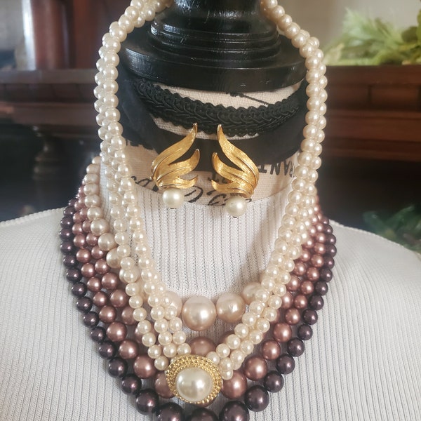 Stunning signed 4 strand Mid Century Japan beaded necklace Judy Lee Earrings w another pearl choker costume jewelry 50s-60s gold purples