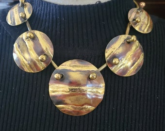 Vintage mixed metal brutalist statement bold necklace multi tone artisan medallion details costume jewelry