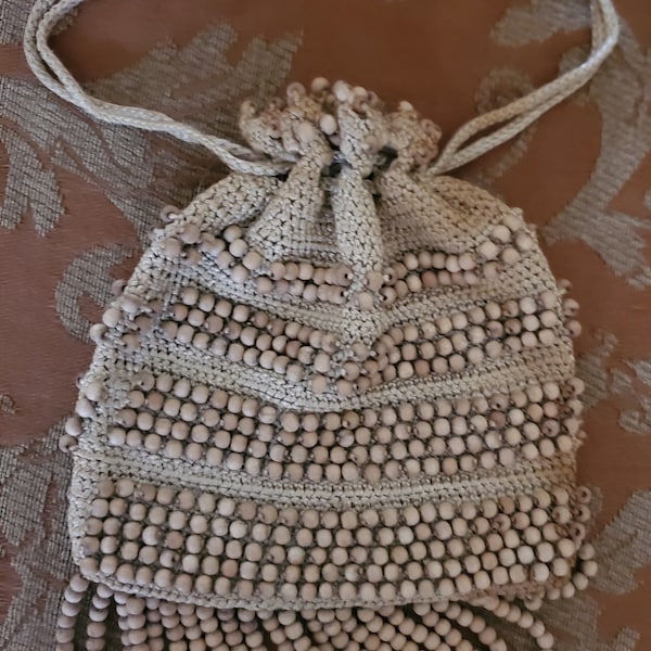 Vintage 1960s Reticule drawstring handbag crochet style wooden beads rustic country outfit bag purse pouch wristlet boho