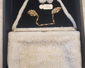 Vintage bundle mid century 1950s ivory evening bag clutch Japan purse w sweater clip earrings lot formal beaded handbag