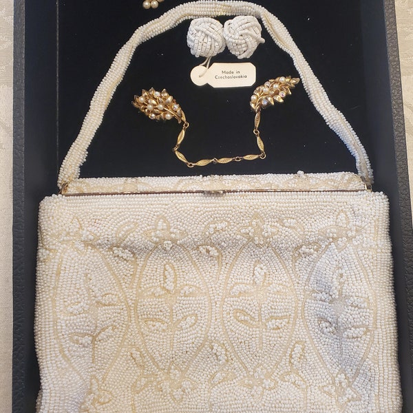 Vintage bundle mid century 1950s ivory evening bag clutch Japan purse w sweater clip earrings lot formal beaded handbag